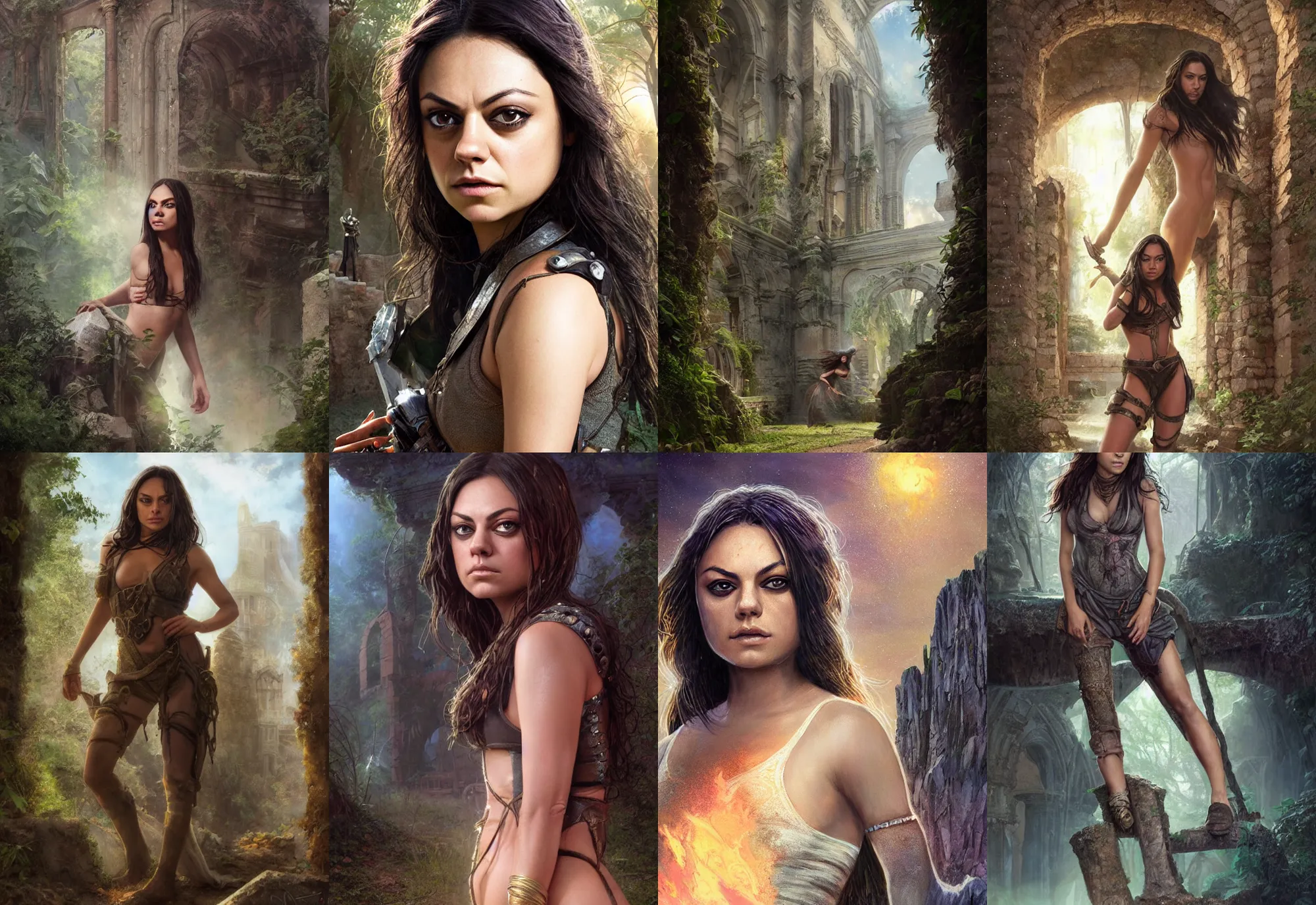 Prompt: mila kunis portrait, 2 0 0 mm focal length, epic old ruins, magali villeneuve, greg rutkowski, steve hanks, charlie bowater, steve henderson, justin gerard, mark keathley, victor nizovtsev, ross tran, wlop, hajime sorayama