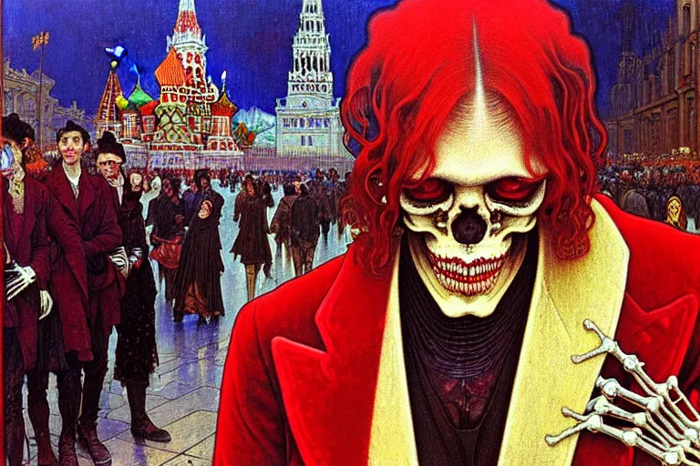 Image similar to realistic detailed closeup portrait painting of a single skeleton wearing red velvet blazer in a crowded futuristic moscow street by Jean Delville, Amano, Yves Tanguy, Alphonse Mucha, Ernst Haeckel, Ilya Repin, Edward Robert Hughes, Andrei Tarkovsky, Roger Dean, rich moody colours, blue eyes