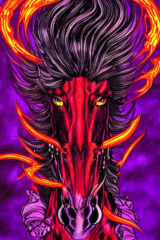 Image similar to illustration of fiery horse demon, black and purple flames, flaming eyes, horse, intricate linework, in the style of moebius, ayami kojima, 1 9 9 0's anime, retro fantasy