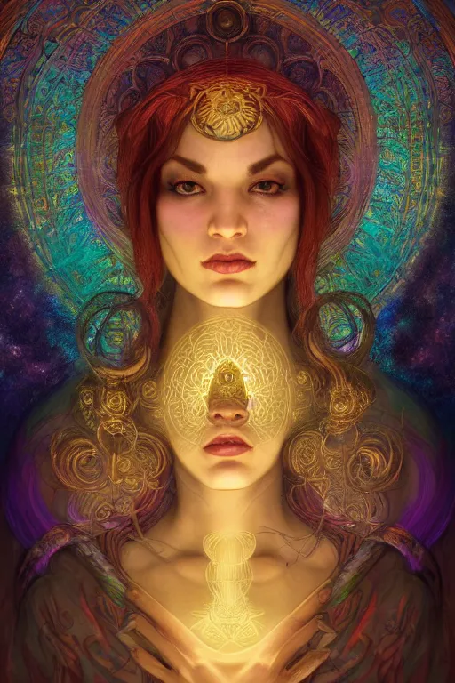 Prompt: portrait of a beautiful sorceress by artgerm, mandala, vivid color, complementary color, golden ratio, detailed, sharp lines, sharp focus, intricate, rainbowshift, by maxfield parrish, by peter mohrbacher, by gustave dore, by alphonse mucha, deviantart, octane render