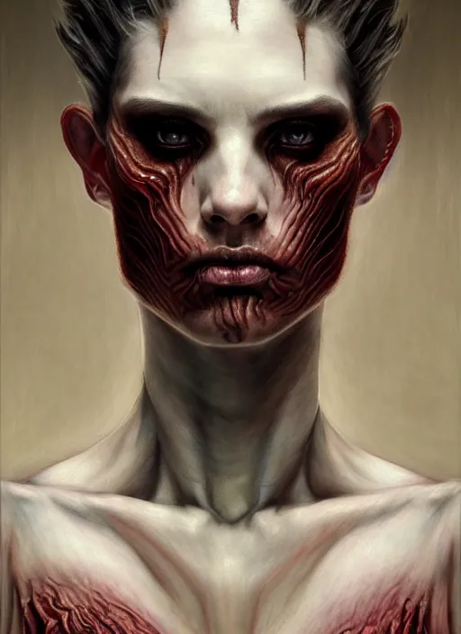 Image similar to half demon half human intricate skin pattern texture, elegant, peaceful, full body, white horns, hyper realistic, extremely detailed, dnd character art portrait, dark fantasy art, intricate fantasy painting, dramatic lighting, vivid colors, deviant art, artstation, by edgar maxence and caravaggio and michael whelan and delacroix.