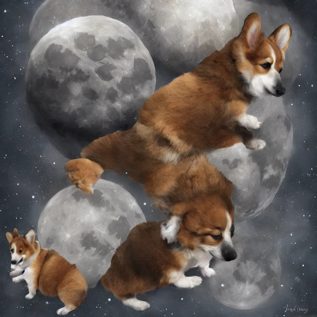 Prompt: a corgi puppy on the moon, detailed digital painting, beautiful, melancholic