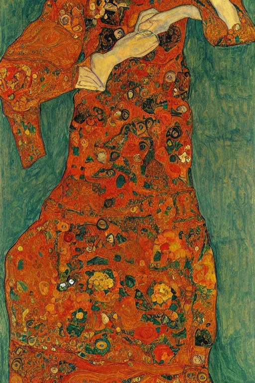 Image similar to girl waer detailed golden arabesque dress with a lot of flowers in persian pot, painting by egon schiele