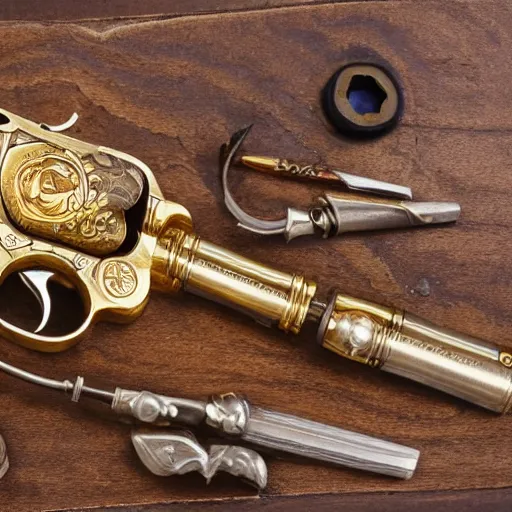 Image similar to golden revolver with engravings laying on a wooden table, high detail, complex