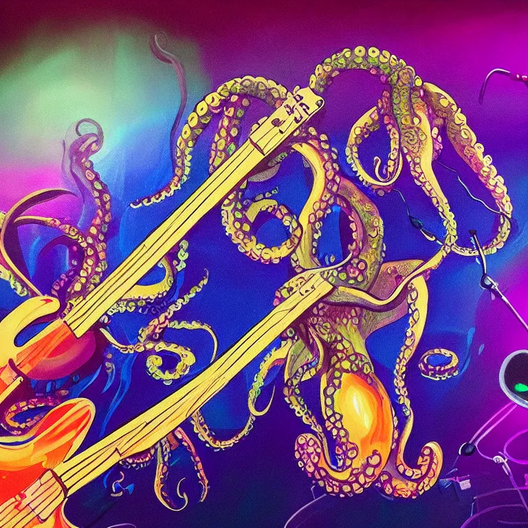 Prompt: a beautiful painting by robbie trevino of a couple of octopus playing drums and telecaster guitar in an electronic concert, touch designer projection background, concert light, dark mood, warm lights