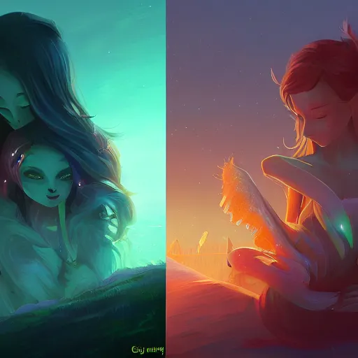 Prompt: closeup, two catched by liana, liana wrap two fantasy creatures, in a gentle green dawn light, digital painting bioluminance alena aenami artworks in 4 k design by lois van baarle by sung choi by john kirby artgerm style pascal blanche and magali villeneuve