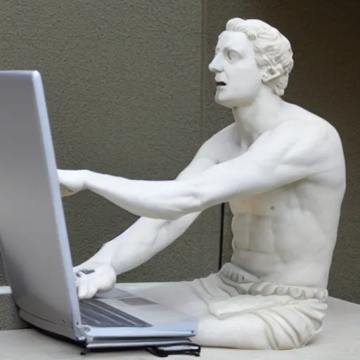 Prompt: a marble statue frustrated with a laptop