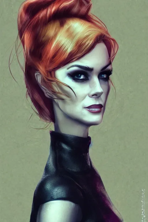 Image similar to portrait of a mix of beautiful young maria shriver, mariel hemmingway, brooke shields, nicole kidman and elle macpherson as catwoman, thin lips, hair tied up in a pony tail, colorful artstation, cgsociety