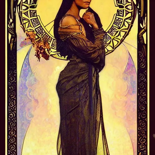 Prompt: thandiwe newton portrait by louis - theophile hingre and alphonse mucha, realistic, sharp focus, zodiac signs, tarot cards, planets, ethereal, art nouveau, magic, moon, sun, crown, dreamy, royal, jewellery