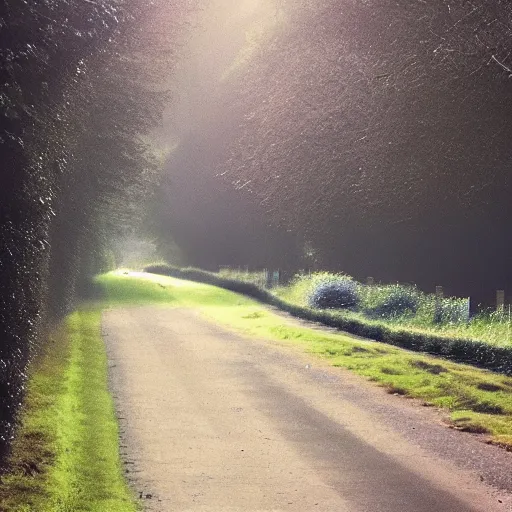 Image similar to Beautiful cameraphone, soft liminal Photograph of an estate road at early morning, hedge