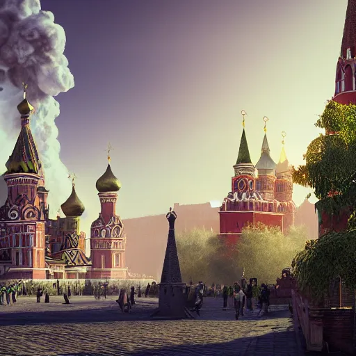 Prompt: huge explosion in Red Square Kremlin in the form of <cotton plants>, beautiful dynamic lighting, cinematic, establishing shot, extremely high detail, photo realistic, cinematic lighting, post processed, concept art, artstation, matte painting, style by frederic church, raphael lacoste, unreal engine 8k