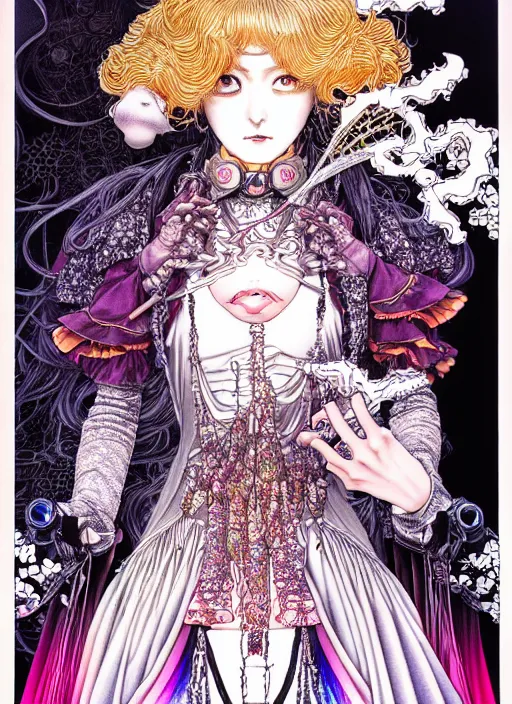 Image similar to highly detailed terada katsuya atrstation manga poster of princess mechine, face by aregerm, rainbow gradient reflection, ayami kojima, long hair, armor, dress, laces, ruffles, 8 k, maximalist, takato yamamoto