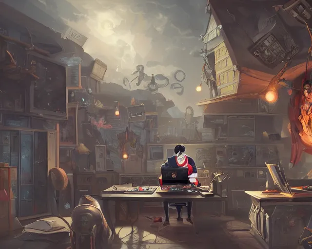 Image similar to an insanely detailed painting of a nerdy asian man wearing a superhero costume, sitting at a desk, staring at the nervously at the computer and typing, in the style of peter mohrbacher, dramatic lighting and composition, octane render, pixar, trending on artstation, concept art, comic book, view from behind