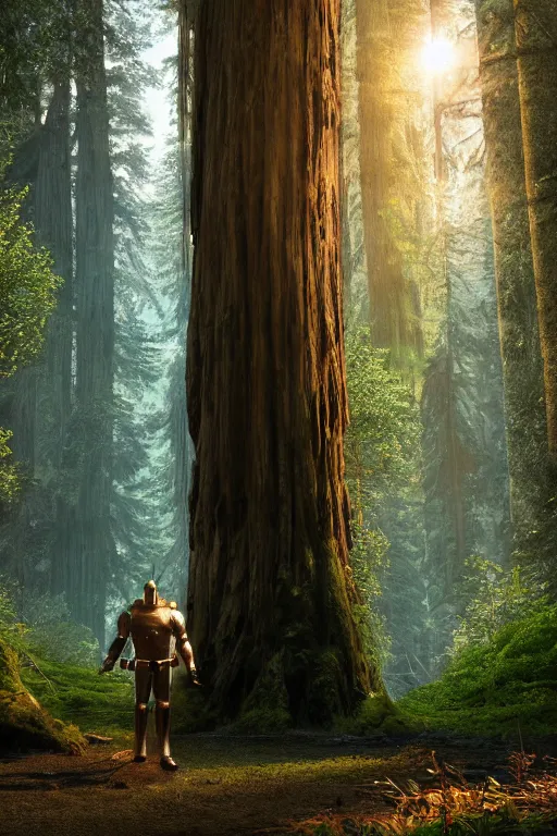 Image similar to The Green Knight standing in a redwood forest near a river at sunset, anatomically correct, hyperrealistic, nature aesthetic, concept art, octane render, unreal engine 5, trending on Artstation, high quality, 8K, highly detailed, symmetrical, five fingers, path tracing, soft lighting