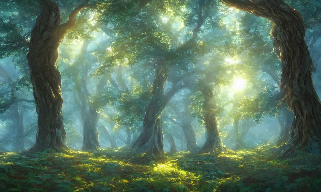 Prompt: Beautiful magical forest fabulous trees. Forest landscape, sun rays illuminate the leaves and branches of trees. Magical summer forest, trending on artstation, 50mm, by Noah Bradley