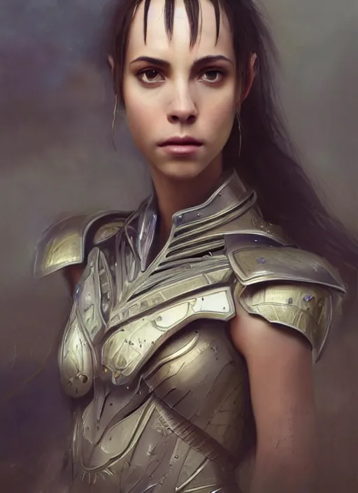 Image similar to photorealistic portrait of a beautiful young female warrior, clothed in ethereal armor, olive skin, long dark hair, beautiful bone structure, symmetrical facial features, intricate, elegant, digital painting, concept art, smooth, sharp focus, finely detailed, illustration, from Valerian and the City of a Thousand Planets, by Ruan Jia and Mandy Jurgens and Artgerm and William-Adolphe Bouguerea