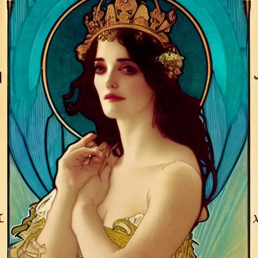 Prompt: eva green portrait by louis - theophile hingre and alphonse mucha, realistic, sharp focus, zodiac signs, tarot cards, planets, ethereal, art nouveau, magic, moon, sun, crown, dreamy, royal, jewellery