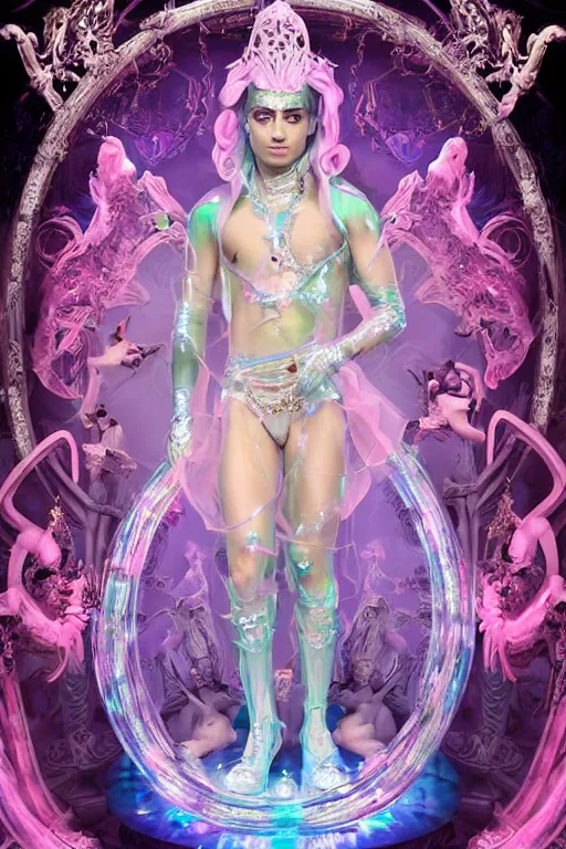 Image similar to full-body rococo and cyberpunk delicate neon crystalline sculpture of ((handsome muscular onyx albino prince Zayn Malik)) as an blue iridescent humanoid deity wearing ((peach plastic hooded cloak)) (holding an onyx skull) in a onyx castle dungeon, reclining, glowing pink face, crown of (pink lasers), large blue diamonds, swirling black silk fabric. futuristic elements. oozing glowing liquid, full-length view. space robots. intricate artwork by caravaggio. Trending on artstation, octane render, cinematic lighting from the right, hyper realism, octane render, 8k, depth of field, 3D