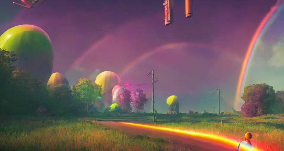 Image similar to Rainbow road, rendered by simon stålenhag, rendered by Beeple, Makoto Shinkai, syd meade, environment concept, digital art, starwars, Gundam Style, unreal engine, 3 point perspective, WLOP, trending on artstation, low level, 4K UHD image, octane render,