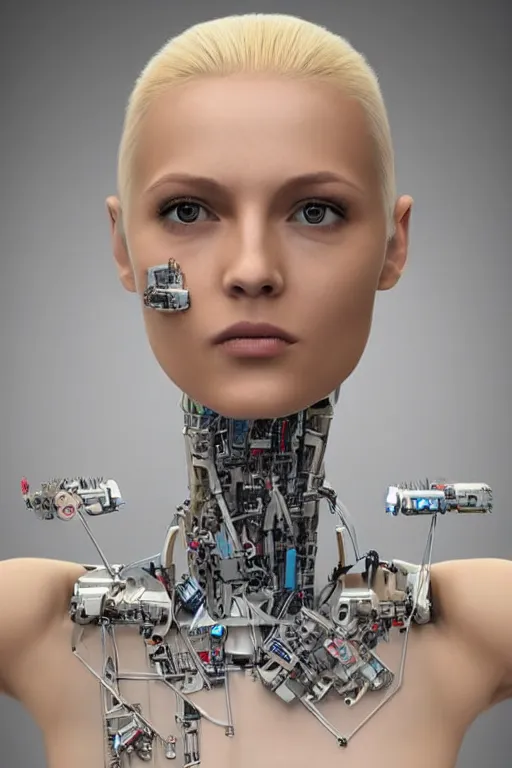 Image similar to robot with human face, female head, full body angle, woman human face, human face realistic, beautiful blonde hair, human head, human head with blonde hair, blonde hair human head, blonde hair, human realistic face, human head skin, cyborg frame concept, cyborg by ales-kotnik, sci-fi android female, the body is made of wires, robotic body, cyborg body, cyborg bust body, robot body cyborg, full body