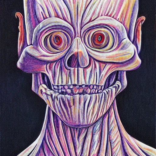 Image similar to conehead teletubbies skeleton anatomy self portrait, alex grey painting