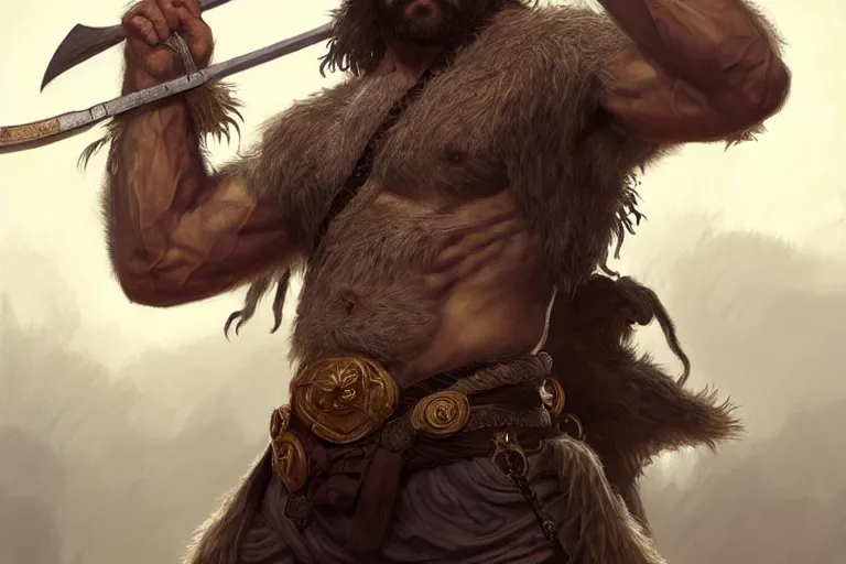 Image similar to full body portrait of a gruff ranger with a spear, lean and toned, handsome face, hairy chest and hairy body, D&D, intricate, elegant, highly detailed, digital painting, artstation, concept art, matte, sharp focus, illustration, art by Artgerm and Greg Rutkowski and Alphonse Mucha