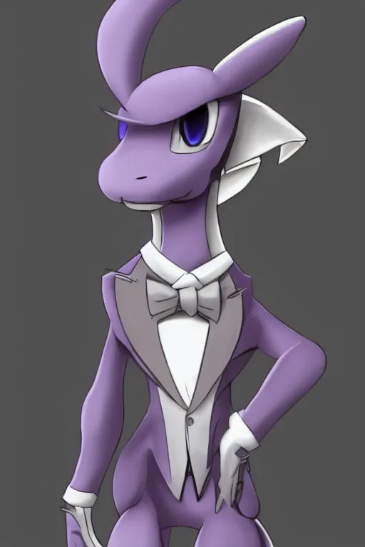 Image similar to mewtwo furry wearing a top hat and suit, highly detailed, digital art, sharp focus, ambient glow, trending on art station, anime art style