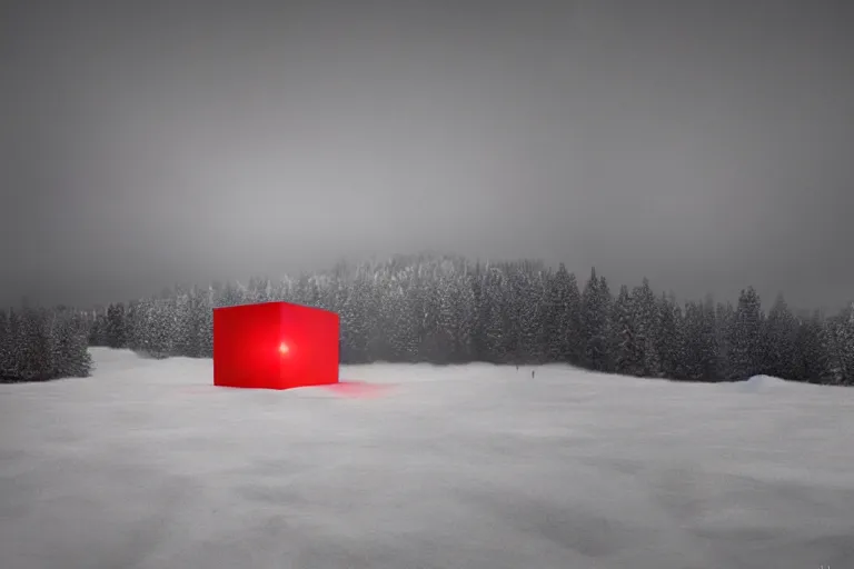 Image similar to a large red cube of light sitting in the middle of a snow covered field, a matte painting by pascal blanche, featured on behance, new sculpture, matte painting, apocalypse art, apocalypse landscape