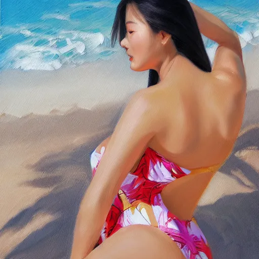 Prompt: perfect, realistic oil painting of close-up japanese woman in racing one-piece swimsuit, at sand beach with palms, by an American professional senior artist, Hollywood concept, dynamic composition and motion