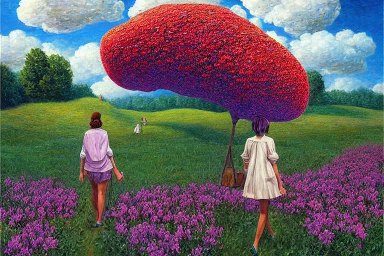 Prompt: giant flower head, woman walking, surreal, clouds in sky, impressionist painting, digital painting, artstation, rob gonsalves