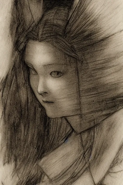 Prompt: portrait charcoal sketches by Yoshitaka Amano and Leonardo da Vinci, sepia tones, old paper