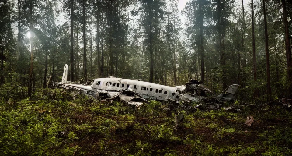Image similar to a over grown old plane crash site in a forest, cinematic, epic lighting, over grown greenery