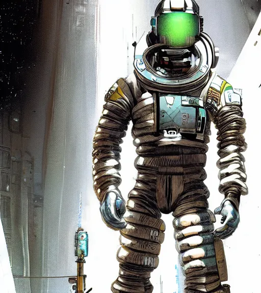 Image similar to cyberpunk engineer with long limbs and a black spacesuit on a spacewalk, dead space, Industrial Scifi, detailed illustration, character portrait, by Martin Grip and Moebius