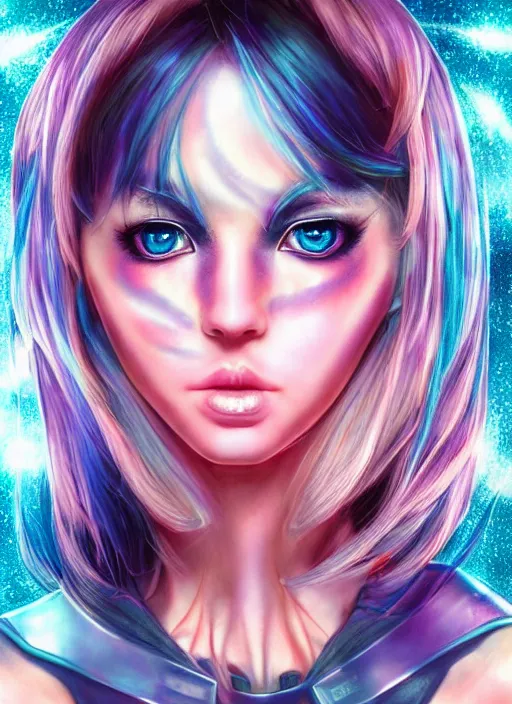 Prompt: beautiful manga girl portrait with sci - fi makeup, anime 3 d style, chromatic skin, retro armor, eighties look, beautiful lights, vintage look, depth of field, gradients, hyper realistic, illustration, airbrush, 8 k, intricate, duo tone, art by david la chapelle and philip castle, artgerm