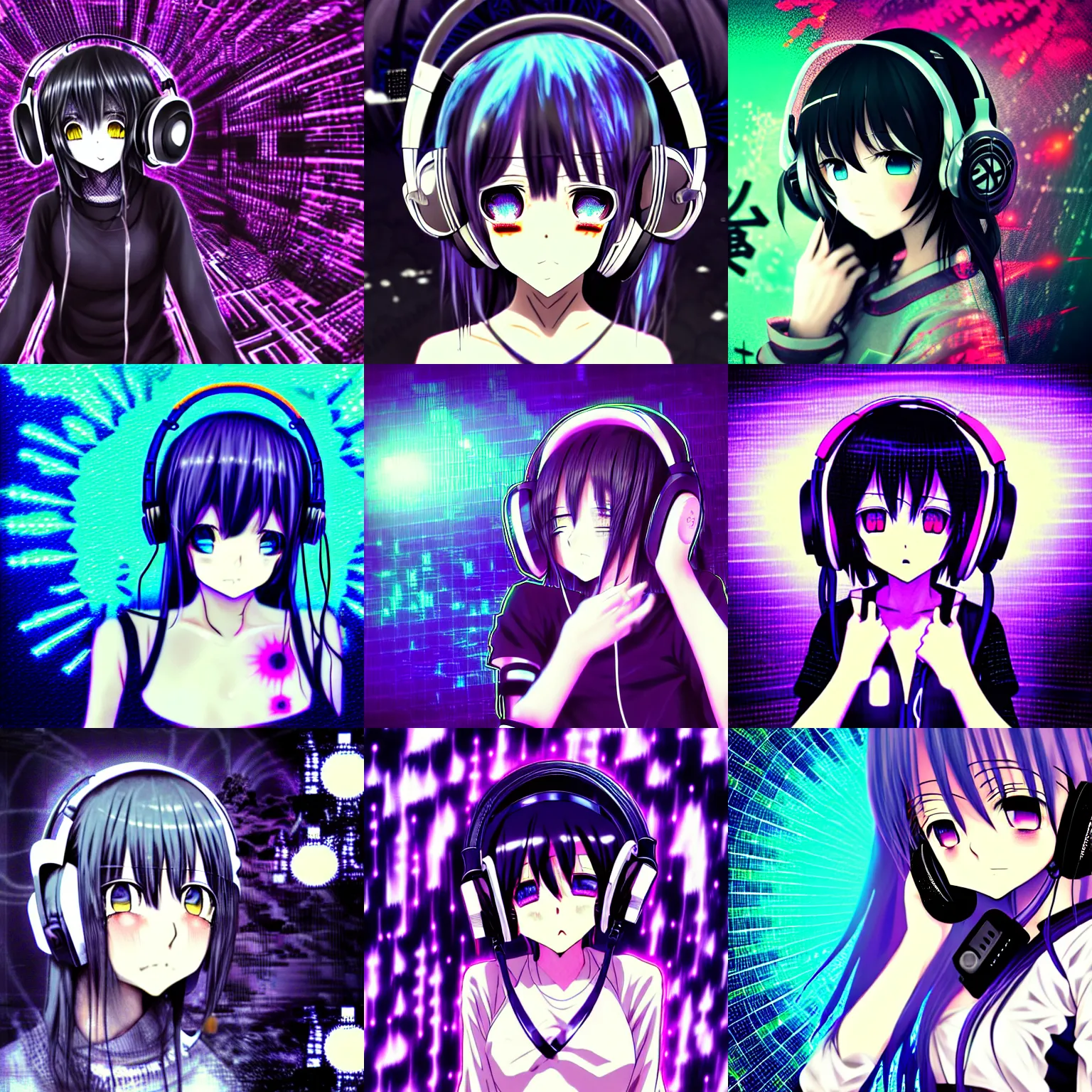 Prompt: anime girl wearing headphones, 笑 顔, 狂 気, hardcore techno, electronic music, crossbreed, esoteric fractal glitchy background, dark and gothic, brutal, somber, stylized, in the style of manga, japanese, artstation, highly detailed, noisy, vhs glitch, expired film, amazing composition, 4 k