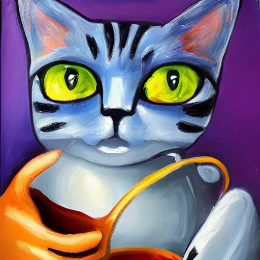 Prompt: cat drink from the cup, impasto painting