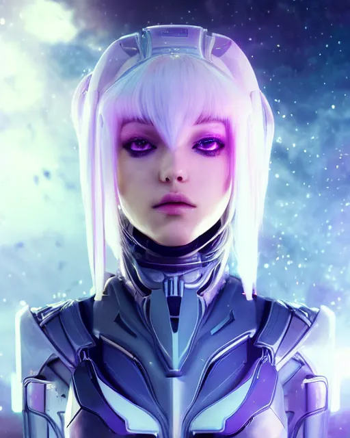 Image similar to perfect android girl on a mothership, warframe armor, beautiful face, scifi, futuristic, galaxy, nebula, raytracing, dreamy, long white hair, blue cyborg eyes, sharp focus, cinematic lighting, highly detailed, artstation, divine, by gauthier leblanc, kazuya takahashi, huifeng huang