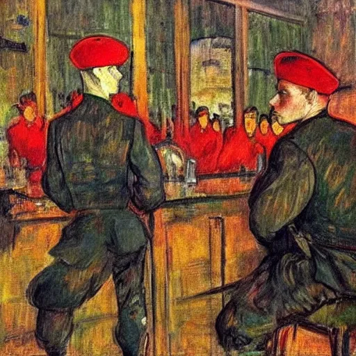 Prompt: modern red berets soldiers inside of a pub, painting by toulouse - lautrec, by valentin serov tretiakov gallery, soldiers wearing tactical clothing, 2 1 st century, cinematic, award winning