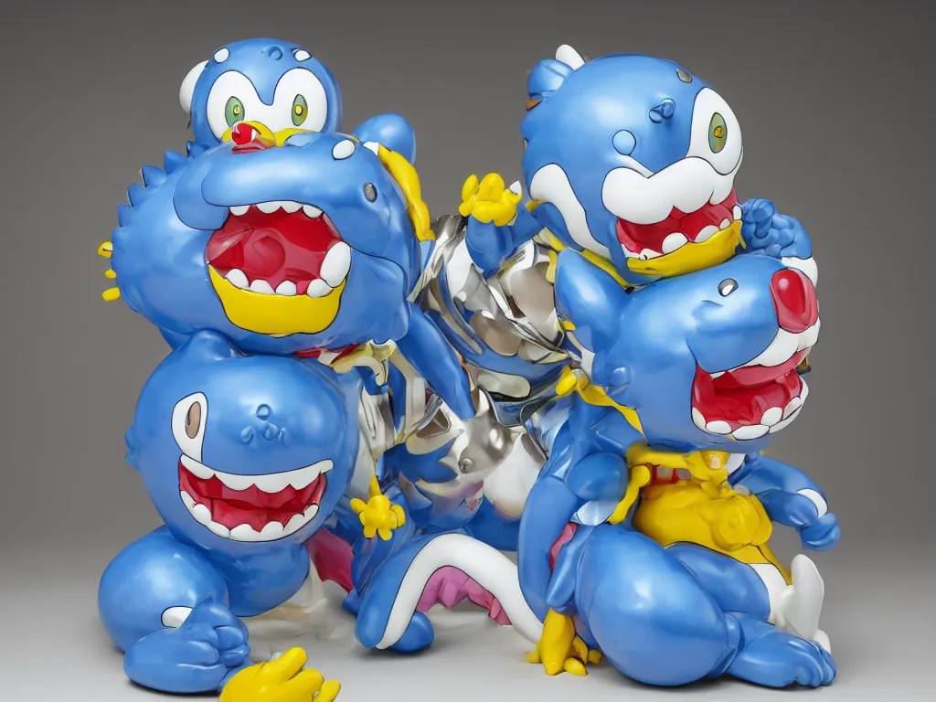 Image similar to Jeff Koons Doraemon Dorami Street Sharks Fractal Dragon statue, in the style of Hajime Sorayama, Max Fleischer