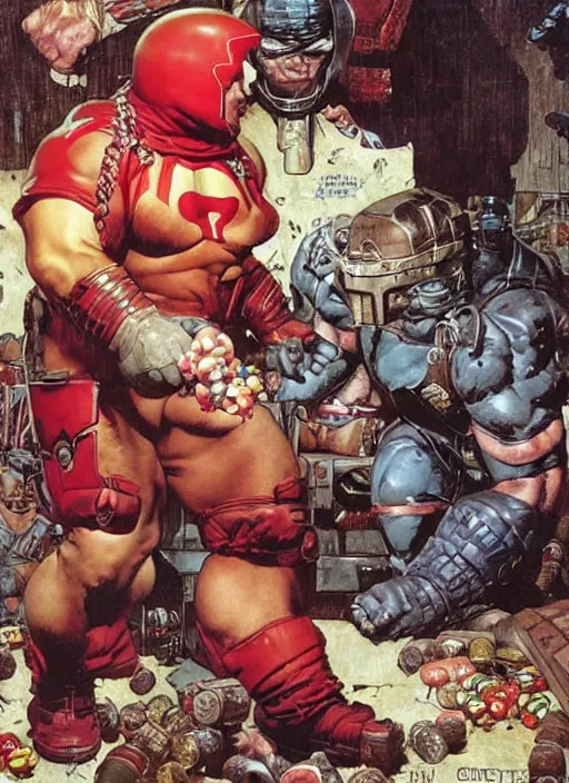 Image similar to juggernaut buys candy, by norman rockwell and jason fabok and greg staples and tom lovell and frank schoonover and dean cornwell