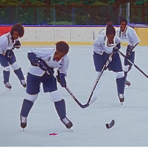 Image similar to a squad of Beyoncé clones playing hockey, photorealistic