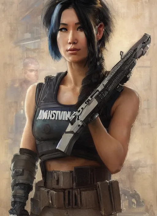 Image similar to Nikki tanaka. beautiful cyberpunk female USN marine wearing a military vest and combat gear. (Cyberpunk 2077, bladerunner 2049, rb6s). gorgeous face. Iranian orientalist portrait by john william waterhouse and Edwin Longsden Long and Theodore Ralli and Nasreddine Dinet, oil on canvas. Cinematic, hyper realism, realistic proportions, dramatic lighting, high detail 4k