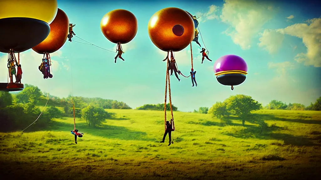 Image similar to large colorful futuristic space age steampunk balloons with people on rope swings underneath, flying high over the beautiful countryside landscape, professional photography, 8 0 mm telephoto lens, realistic, detailed, digital art, unreal engine