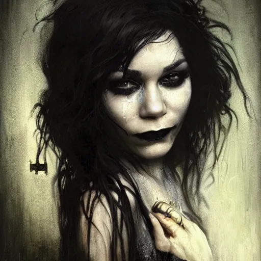 Image similar to beautiful portrait of vanessa hudgens as death from sandman, smiling, by cedric peyravernay, alphonse mucha, by jeremy mann, by lecouffe deharme, goth chic, soft lightning, eyeliner, punk rock, high detailed, 8 k