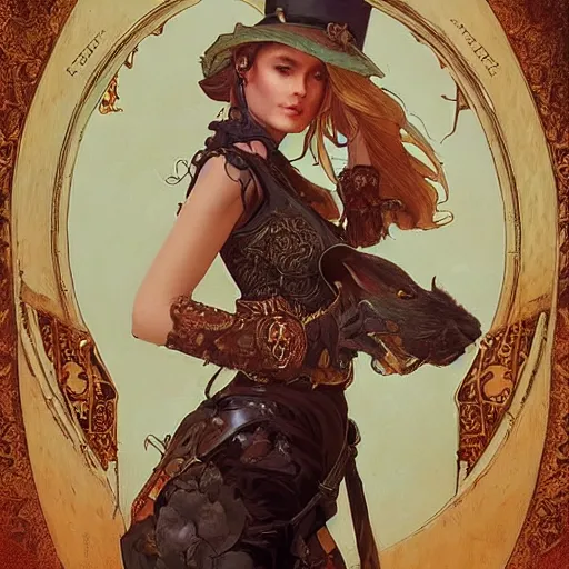 Image similar to outlaw rabbit wearing steampunk costume, fantasy, intricate, very very beautiful, elegant, highly detailed, digital painting, artstation, concept art, smooth, sharp focus, illustration, art by artgerm and greg rutkowski and alphonse mucha