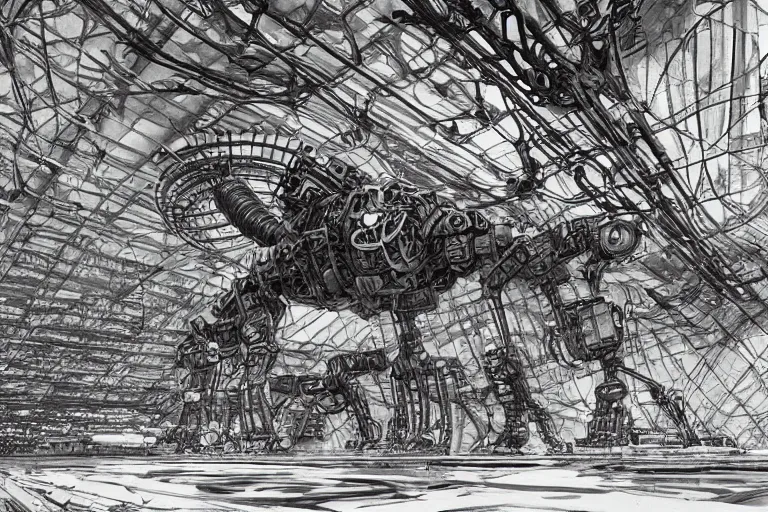 Image similar to dieselpunk huge robotic dragonfly, inside an gigantic underground concrete doom hangar, interior structure, drains, storm drains, jungle, vines, algea, cables, panels, walls, ceiling, floor, doors, brutalist architecture, intricate ink drawing, highly detailed in the style of Ashley Wood, moebius and Tsutomu Nihei, photorealistic, cinematic, intricate detail, well lit,