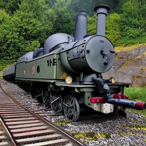 Prompt: photo of Schwerer Gustav german ww2 railroad gun in the style of Thomas the Tank Engine