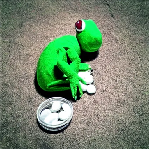 Image similar to “ spilled bottle of prescription pills next to sleeping kermit the frog ”