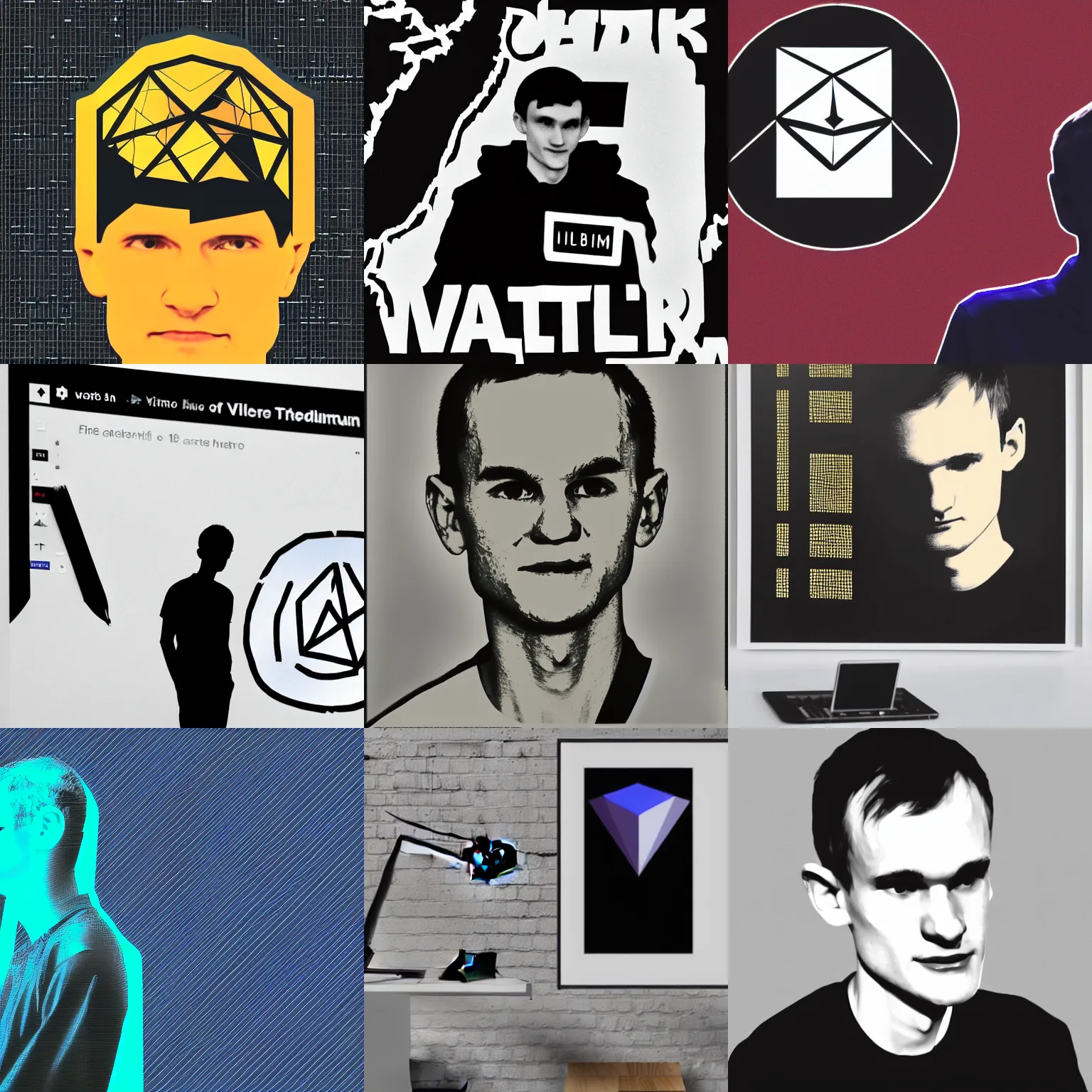 Prompt: < artwork mode ='attention grabbing'trending > silhouette of vitalik buterin with the ethereum logo in front < / artwork >