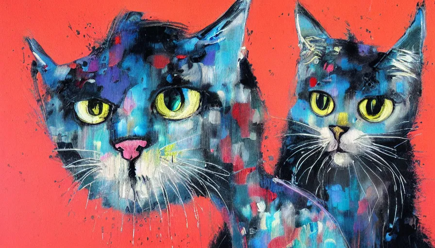 Prompt: contemporary semi abstract acrylic painting of really tall cats by cath kidston, by greg rutkowski, kessler art, thick brush strokes and visible paint layers, multicolor color scheme